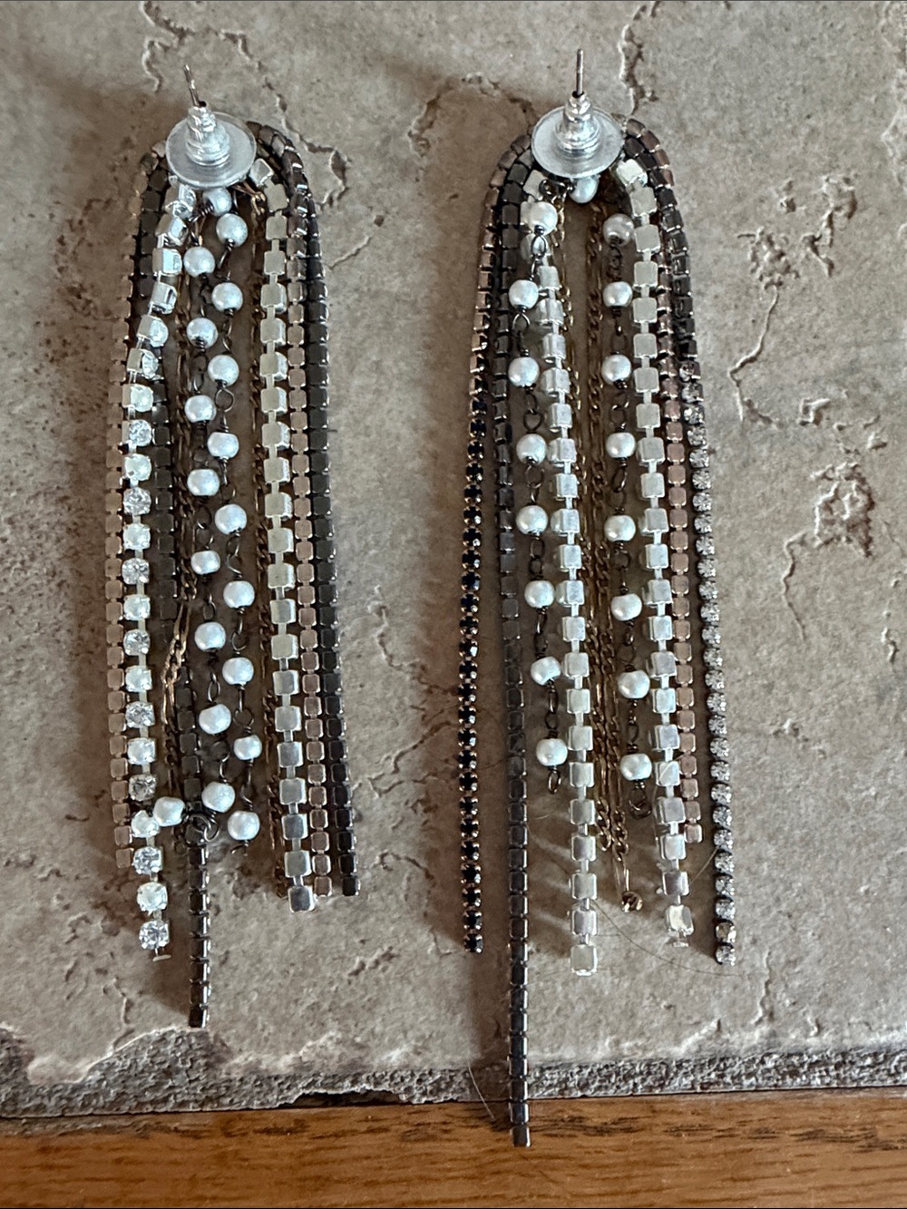 Feed Me Gems Dramatic Crystal and Pearl Fringe Earrings - Black & White - Picture 2 of 2